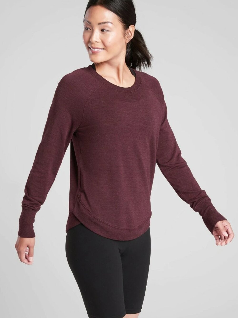 Athleta Mindset Burgundy Heather Sweatshirt XS Nirvana Fabric Tulip Hem